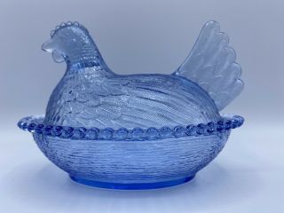 Vintage Indiana Glass Light Blue Hen On Nest Covered Candy Dish