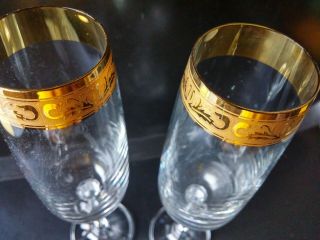Crystal Champagne Flute Diamond Cut Glass & Stem With Gold Leaf Rim Set Of 2