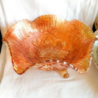 Vintage Imperial Carnival Glass Luster Rose Large Marigold 3 Footed Bowl 11 " Usa