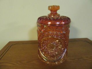 Vtg Imperial Glass Carnival Marigold Iridescent Hobstar Lidded Jar 50 