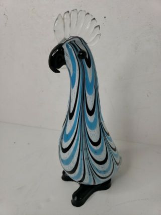 Blue,  Black & White Parakeet Hand Blown Glass Art.  10 Inch