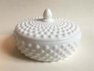 Vintage Fenton Round White Milk Glass Hobnail Covered Candy Dish Bowl Lid 6.  5”