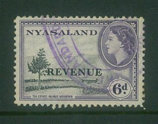 Nyasaland - 1953 Qeii 6d " Revenue " O/p.  Very Scarce (es770)