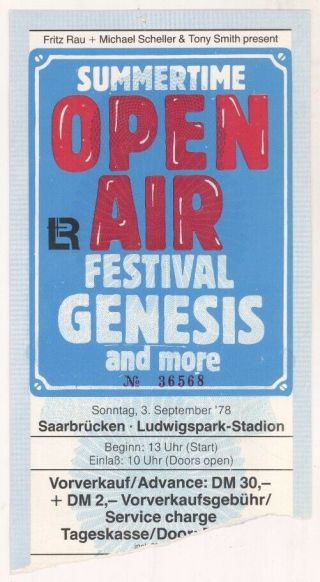 Rare Genesis 9/3/78 Saarbrucken Germany Open Air Festival Concert Ticket Stub