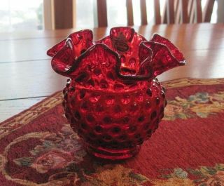Vintage Fenton Ruby Red Hobnail Ruffled Crimped Rose Bowl -