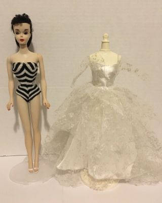 Vintage 1960 Brunette Ponytail Barbie 3 Black & White Bathing Suit,  Wedding Day