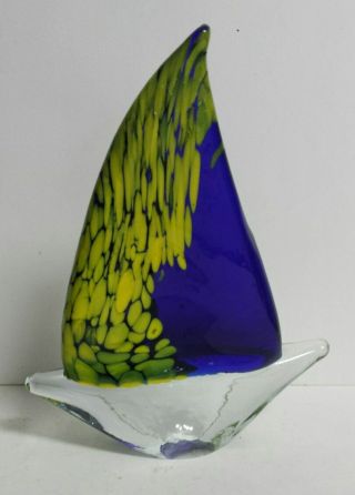 Art Glass Murano - Style Sailboat Blue/yellow And Clear 6 1/4 " Paperweight