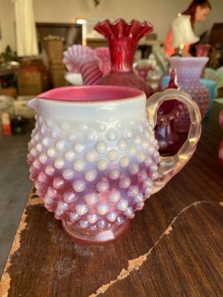 Vintage Fenton Glass Opalescent Cranberry Pink Hobnail Pitcher 4 3/4” Tall