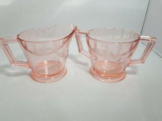 Pink Depression Glass Floral Etched Creamer And Double Handle Sugar Bowl 3 " H