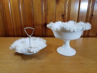 2 Pc Vintage Fenton Silvercrest White Milk Glass Tidbit - Nut/candy Compote Dish