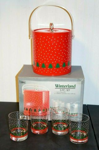 Vintage Libbey Winterland Ice Bucket & 4 Glasses Nos (g4)