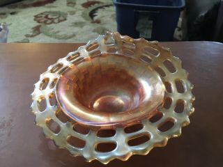 Fenton Marigold Carnival Glass Basket Weave Bowl W/open Ruffled Edge,  6” W