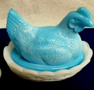 Glass Hen On Nest Covered Dish Chicken White Basket Blue Top Westmoreland 3 "