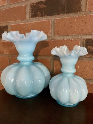 Two Vintage Fenton Art Glass Light Blue Overlay Melon Ball Ruffled Top Vases
