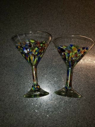 Set Of 2 - Confetti Mexican Art Glass Hand Blown Margarita Glasses Stemware