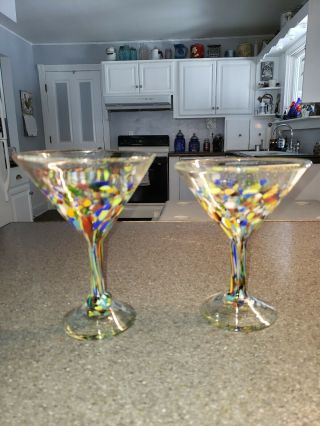 Set of 2 - Confetti Mexican Art Glass Hand Blown Margarita Glasses Stemware 2