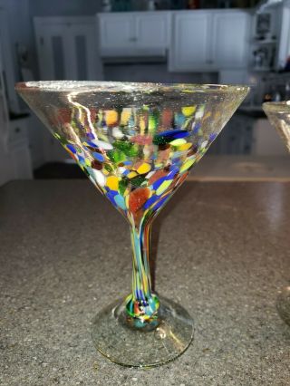 Set of 2 - Confetti Mexican Art Glass Hand Blown Margarita Glasses Stemware 3