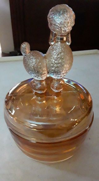 Jeannette Marigold Iridescent glass Poodle dog powder jar candy trinket dish 2