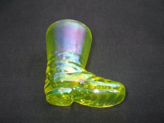 Imperial Vaseline Uranium Carnival Glass Boot Toothpick Or Match Holder.  Vgc.