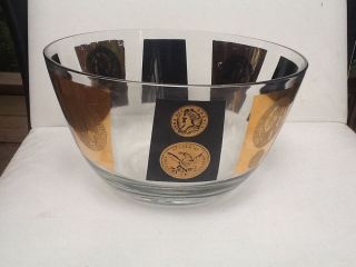 Vintage Cera Mid Century Chip And Dip Bowl,  Black And Gold With Coin Motif