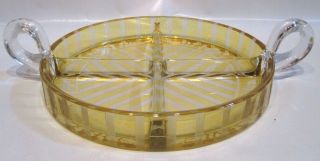 Vintage Yellow Cut To Clear Etched Stripe And Floral Divided Candy Relish Dish