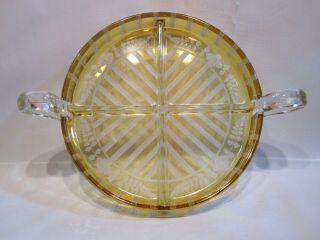 Vintage Yellow Cut To Clear Etched Stripe and Floral Divided Candy Relish Dish 2