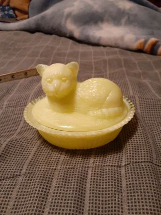 Vintage Yellow White Slag Cat Covered Candy Dish