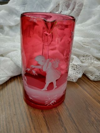 Vintage Mary Gregory Style Cranberry Pitcher W/ Hand Painted Girl Feeding Birds