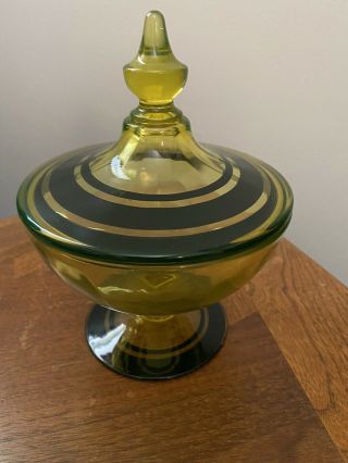 Vintage Art Deco Yellow Green Vaseline Glass w/black Pedestal Candy Dish w/Lid 2