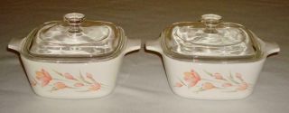 2 Vintage Corning Peach Floral Petite Pans P - 43 - B Glass Lids Htf