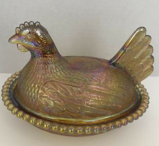 Vintage Carnival Gold Iridiscent Indiana Glass Hen On Nest Large Usa