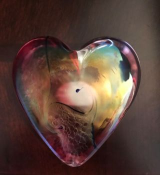 Iridescent Opalescent Robert Held Glass Heart Paperweight Signed See All Pics