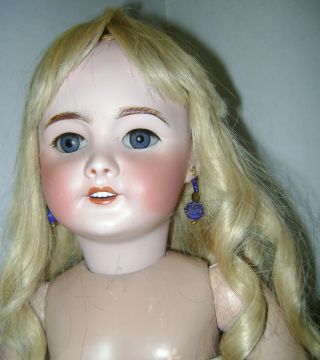 Antique French Bisque Jumeau Doll 24 " C1890 Orig Blond Wig Lrg Blue Glass Eyes,
