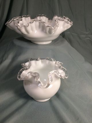 Set Of 2 Vintage Fenton White Milk Glass Bowls With Clear Ruffled Rim