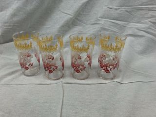 Set Of 4 Vintage Federal Glass Tumblers,  Drinking Glasses,  Ombre Floral,  Red