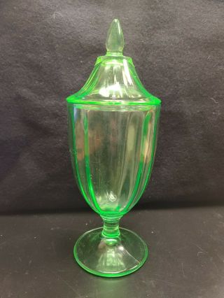 Green Depression Glass Pedestal Candy Dish With Lid