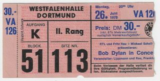 Bob Dylan Concert Ticket : Westfalenhalle Dortmund / June 26,  1978