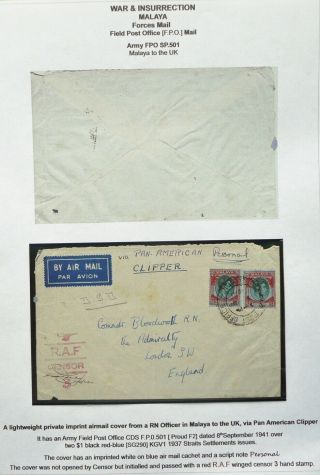 Malaya 8 Sep 1941 Forces Mail Airmail Cover To London,  England With Raf Censor