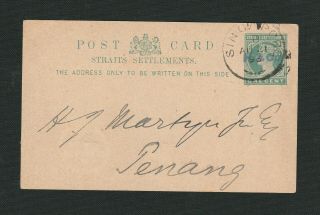 Singapore 1893 Stationery Postcard To Penang (no Perfin But Firm Cancel H&co)