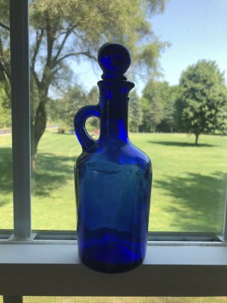 Vintage Cobalt Blue Glass Bottle With Pour Spout And Cobalt Stopper Medicine