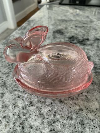 Pink Bunny Vintage Depression Style Glass Candy Dish Nut Jar W Lid Cover.