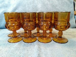 Vintage Amber Glass Kings Crown Pattern 8 Goblets Indiana Glass