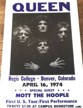 Queen Concert Poster 1974 W/ Mott The Hoople - First Us Tour - Denver Co 14 " X22 "