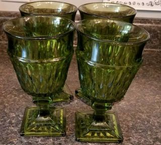4 Vintage Indiana Glass Mt Vernon Green Water - Tea Goblets - Pedestal - Square Base