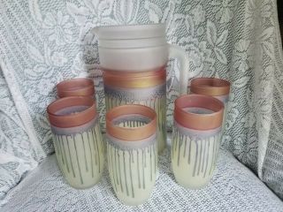 Vintage Unique Frosted Glass Pitcher W/5 Matching Cups Yellow - Red Band - Blue Drip