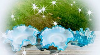 3 Pc Vintage Fenton White Milk Glass Aqua Blue Crest Ruffled Bowls Candy Dishes
