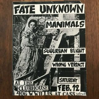 Rare Vintage 80s Fate Unknown Punk Rock Flyer The Clubhouse Detroit
