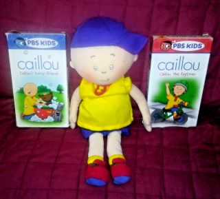 Caillou 14in Plush Soft Doll Removable Shirt 1999 Cinar Corp.  3 Vhs Videotapes
