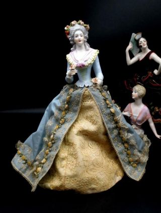 Vintage Porcelain Pincushion Germany Half Doll Goebel Arms Away Dresden Flowers