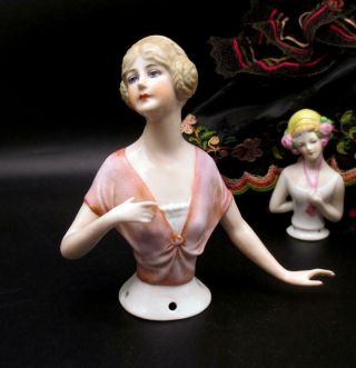 Vintage Porcelain Germany Half Doll Pincushion Arms Away 5 " Braids